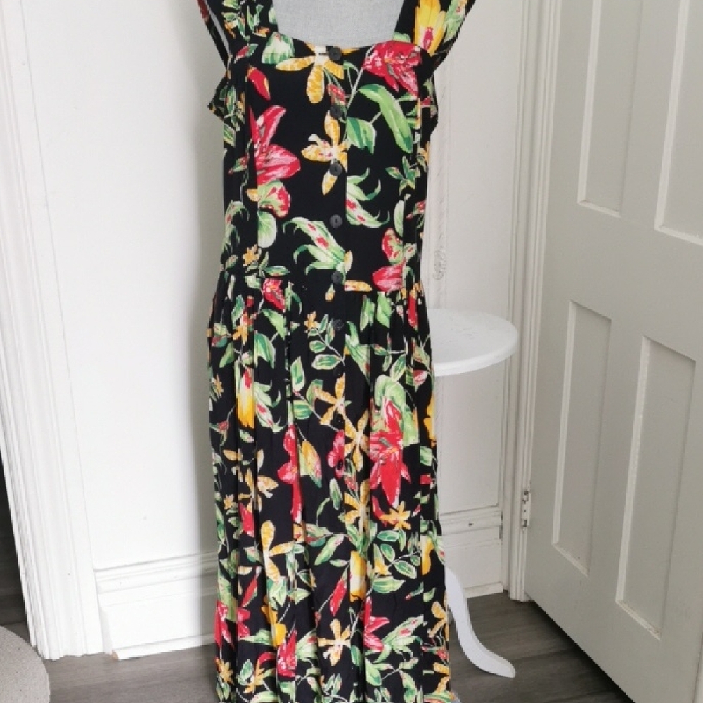 Vintage 70s/80s Meico Hawaiian tropical maxi dress with pockets. Size 14.